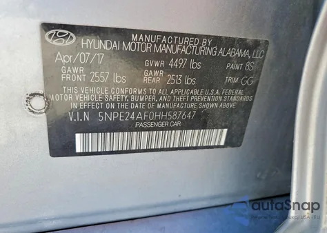 2017 Hyundai Sonata Se z USA, uszkodzony, nr VIN 5NPE24AF0HH587647